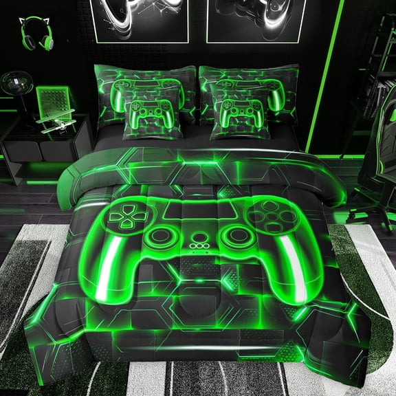 Feelyou Cartoon Green Gamepad Twin Bedding Sets 7-Piece for Kids, Neon Square Honeycomb Bedding Comforter Set, Modern Video Gamer Reversible Sheet Sets, Super Cozy Room Decor