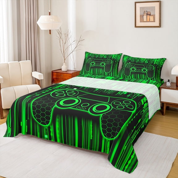 Feelyou Cartoon Green Gamepad Twin Sheet Sets, Video Gaming Gamer Twin Fitted Sheet, Teens Kids Boys Girls Flat Sheet, Super Cozy Room Decor, 3pcs