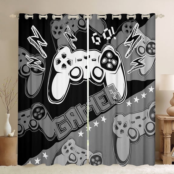 Feelyou Cartoon Grey Gamepad Black Out Curtains for Kids, Modern Video Game Curtains Pack of 2 (42x63 Each), Game Gonsole Bedroom Curtains, Blackout Curtains Bedroom Decor