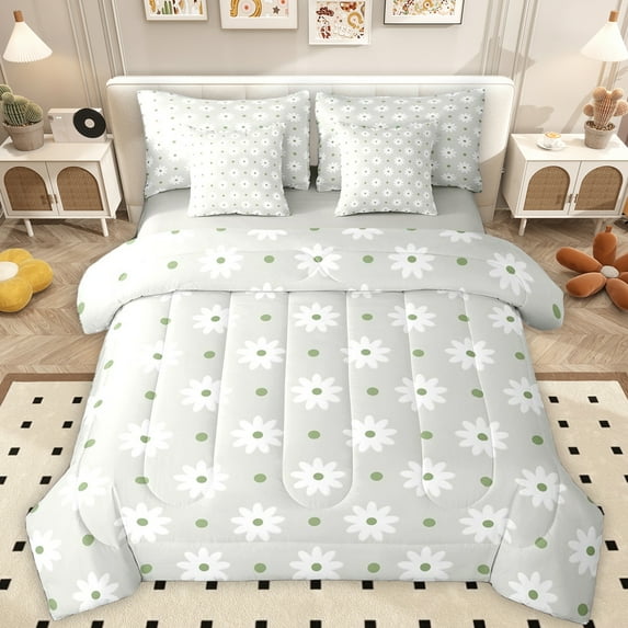 Feelyou Cartoon Groovy Daisy Twin Bedding Sets 7-Piece, Kawaii Flower Floral Bedding Comforter Set, Teens Kids Girls Reversible Sheet Sets, Lightweight Room Decor