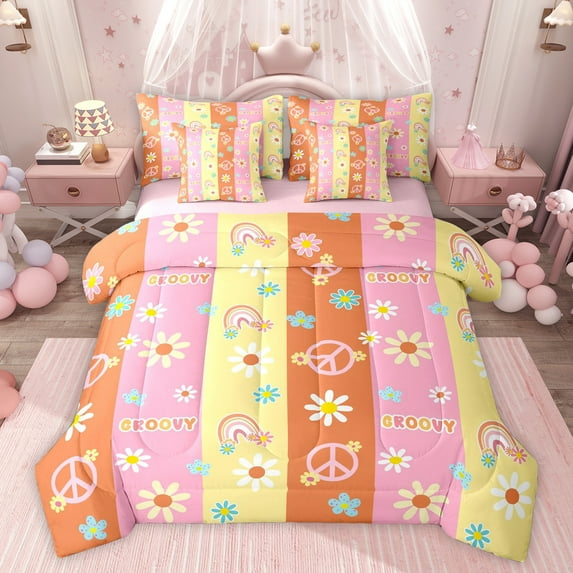 Feelyou Cartoon Groovy Flower Bedding Comforter Set 7 Pieces, Peace and Love Full Bedding Set, Rainbow Stripes Reversible Fitted Sheet Flat Sheet, Super Cozy Room Decor