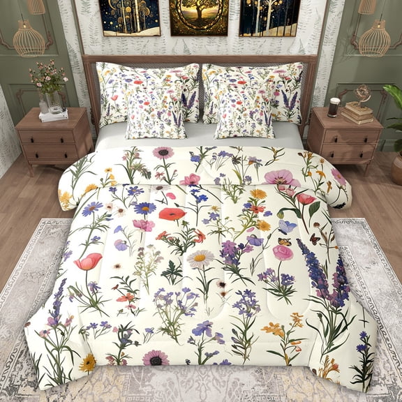 Feelyou Cartoon Groovy Flower Bedding Comforter Set 7pcs, Green Leaf Botanical King Bedding Sets, Rustic Lavender Floral Reversible Bed Sheets, Luxury Bedroom Decor