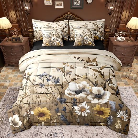 Feelyou Cartoon Groovy Flower Bedding Comforter Set 7pcs, Western Lgdge Cabin King Bedding Sets, Rustic Wooden Plank Reversible Bed Sheets, Lightweight Room Decor