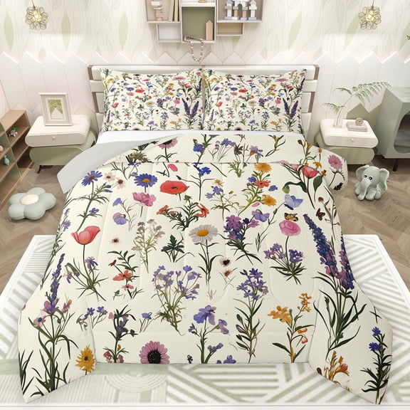 Feelyou Cartoon Groovy Flower Bedding Comforter Set, Green Leaf Botanical Twin Comforter Sets, Rustic Lavender Floral Reversible Bedding Set, Luxury Bedroom Decor, 2-Piece
