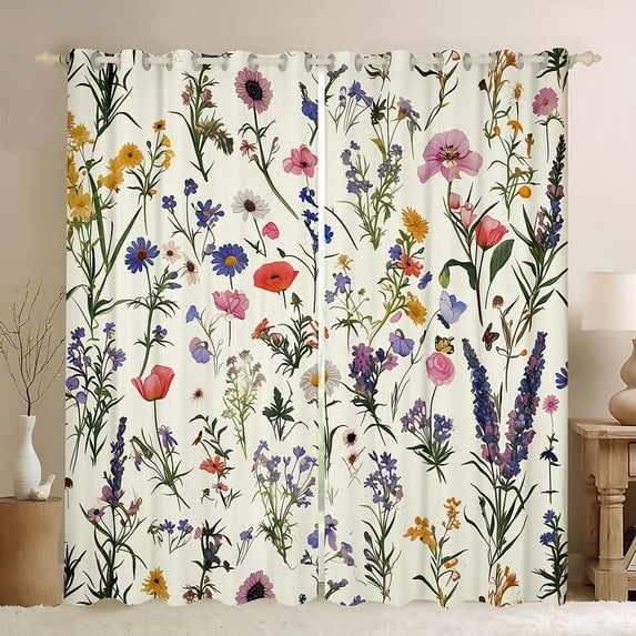 Feelyou Cartoon Groovy Flower Black Out Curtains, Green Leaf Botanical Curtains Pack of 2 (42x63 Each), Rustic Lavender Floral Bedroom Curtains, Blackout Curtains Bedroom Decor