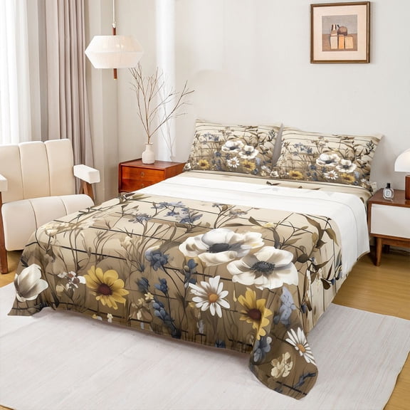 Feelyou Cartoon Groovy Flower Queen Sheet Sets, Western Lgdge Cabin Flat Sheet, Rustic Wooden Plank Queen Fitted Sheet, Lightweight Room Decor, 4-Piece