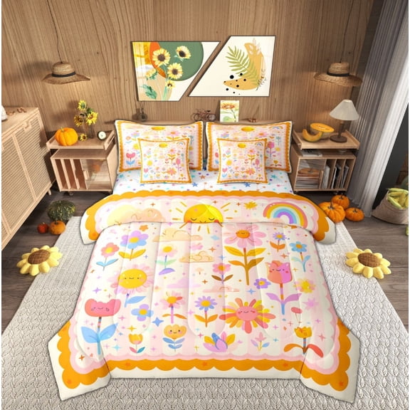 Feelyou Cartoon Groovy Flower Twin Bedding Sets 7-Piece, Orange Botanical Bedding Comforter Set, Rustic Farmhouse Reversible Sheet Sets, Breathable Home Decor