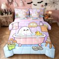 thumbnail image 1 of Feelyou Cartoon Halloween Ghost Twin Bedding, Kawaii Duck Mushroom Bedding Comforter Set, Purple Pink, Pink Reversible, 7-Piece, 1 of 7