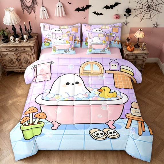 Feelyou Cartoon Halloween Ghost Twin Bedding, Kawaii Duck Mushroom Bedding Comforter Set, Purple Pink, Pink Reversible, 7-Piece