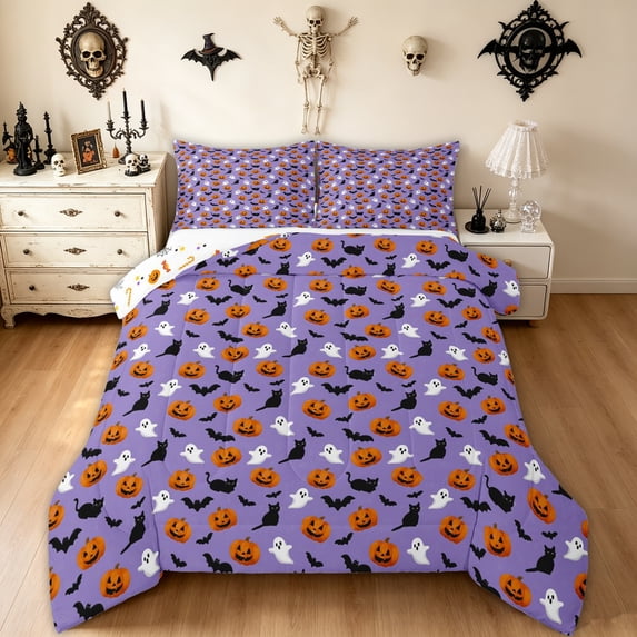 Feelyou Cartoon Halloween Pumpkin Full Size Comforter Sets, Cute Ghost Bedding Comforter Set, Purple Orange, Halloween Reversible, 3 Pieces, 1 Comforter and 2 Pillowcases