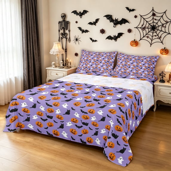 Feelyou Cartoon Halloween Pumpkin King Sheets, Cute Ghost Bedding, Purple Orange, 4 Pieces, 1 Flat Sheet, 1 Fitted Sheet and 2 Pillowcases