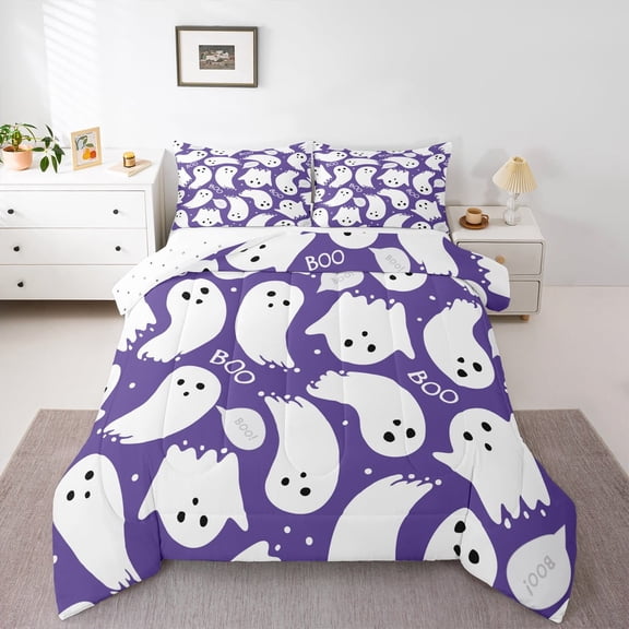 Feelyou Cartoon Halloween Queen Comforter Set for Kid, Kawaii Ghost Bedding Sets, Gothic Skull Reversible Bedding Comforter Set, Microfiber Bedroom Decor, 3-Piece