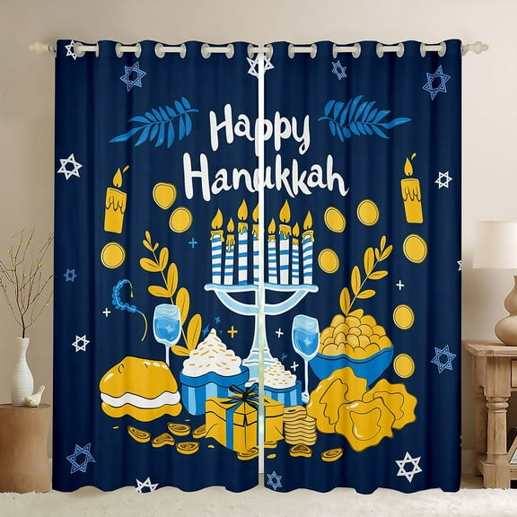Feelyou Cartoon Hanukkah Menorah Black Out Curtains for Teen, Olive Branches Curtains Pack of 2 (42x63 Each), Happy Chanukah Theme Bedroom Curtains, Window Curtains Home Decor