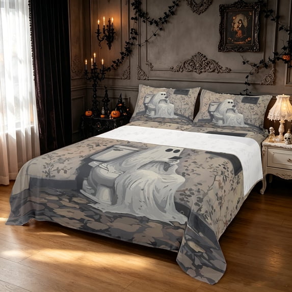 Feelyou Cartoon Hippie Ghost Queen Sheets, Spooky Vintage Bathroom Queen Sheet Sets, Taupe Gray, 4pcs, 1 Flat Sheet, 1 Fitted Sheet and 2 Pillowcases