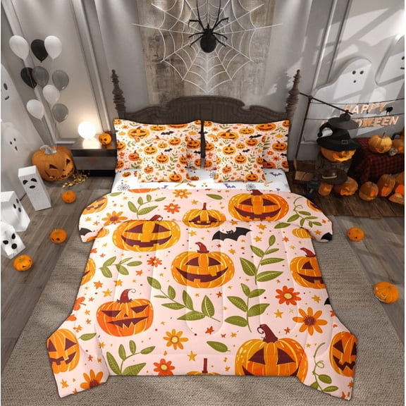 Feelyou Cartoon Horror Pumpkin Bedding Comforter Set 7pcs, Rustic Jungle Plant King Bedding Sets, Happy Halloween Reversible Bed Sheets, Lightweight Room Decor