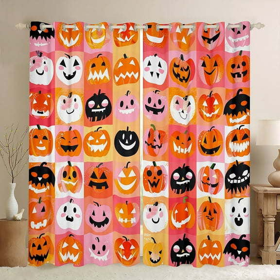 Feelyou Cartoon Horror Pumpkin Black Out Curtains, Patchwork Buffalo Curtains Pack of 2 (42x63 Each), Happy Halloween Bedroom Curtains, Curtains and Drapes Bedroom Decor