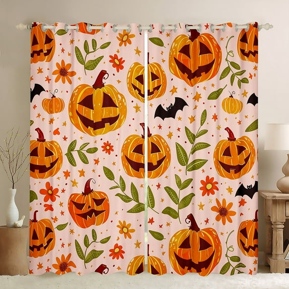 Feelyou Cartoon Horror Pumpkin Curtains Pack of 2 (42x84 Each), Rustic Jungle Plant Curtains Blackout, Happy Halloween Bedroom Curtains, Window Curtains Room Decor