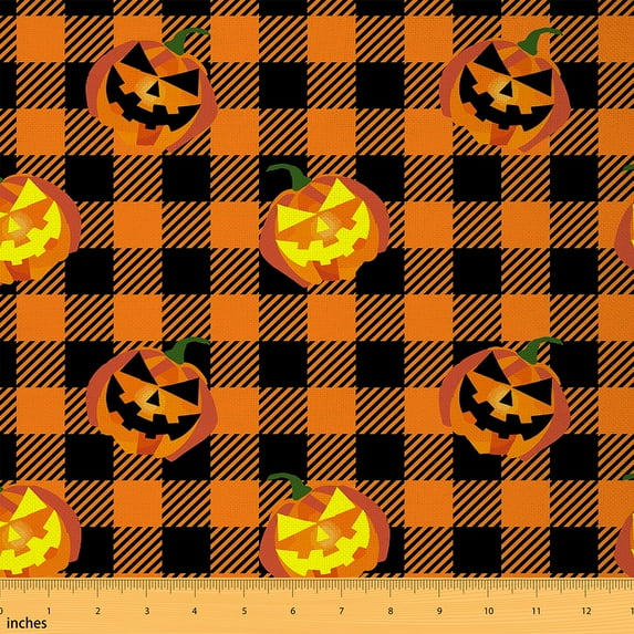 Feelyou Cartoon Horror Pumpkin Fabric by the Yard 1 Yard, Patchwork Buffalo Home Decor Fabric by the Yard, Kid Happy Halloween Sewing Fabric, Breathable Home Decor