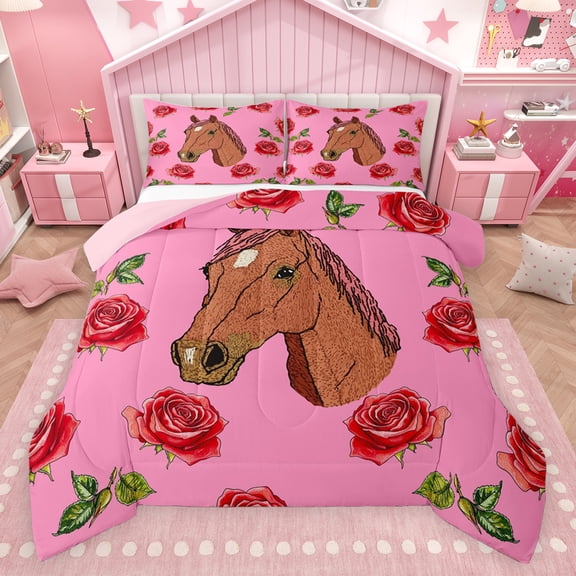 Feelyou Cartoon Horse Teens Bedding Comforter Set, Kawaii Farmhouse Animal Twin Comforter Sets, Romantic Rose Flower Reversible Bedding Set, Breathable Home Decor, 2 Pieces