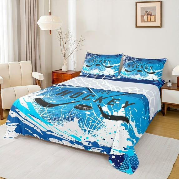 Feelyou Cartoon Ice Hockey Queen Sheet Sets, Blue Graffiti Splatter Flat Sheet, Teens Kids Boys Girls Queen Fitted Sheet, Microfiber Bedroom Decor, 4-Piece