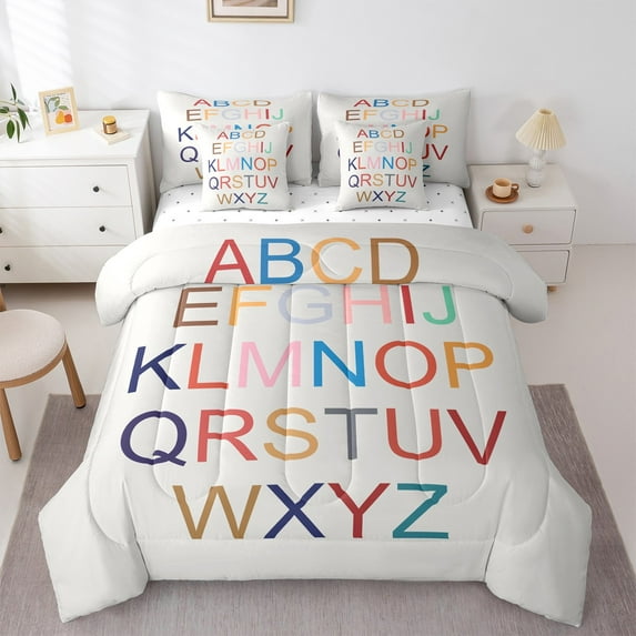 Feelyou Cartoon Initial Letter Bedding Comforter Set 7-Piece, Colorful Monogrammed King Bedding Sets, Teens Boys Girls Kids Bed Sheets, Lightweight Room Decor