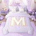 thumbnail image 1 of Feelyou Cartoon Initial Letter Bedding Comforter Set 7 Pieces, Kawaii Monogrammed M Full Bedding Set, Dreamy Purple Stripes Reversible Fitted Sheet Flat Sheet, Super Cozy Room Decor, 1 of 8
