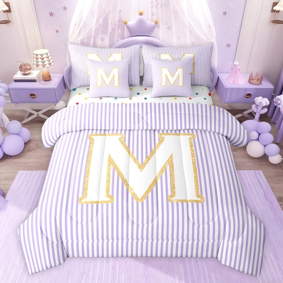 Feelyou Cartoon Initial Letter Bedding Comforter Set 7 Pieces, Kawaii Monogrammed M Full Bedding Set, Dreamy Purple Stripes Reversible Fitted Sheet Flat Sheet, Super Cozy Room Decor