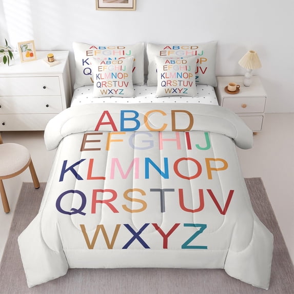 Feelyou Cartoon Initial Letter Bedding Comforter Set 7pcs, Colorful Monogrammed Queen Bedding Sets, Teens Boys Girls Kids Queen Sheet Sets, Lightweight Room Decor