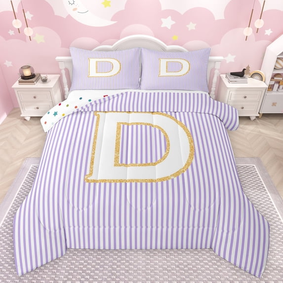Feelyou Cartoon Initial Letter Bedding Comforter Set, Kawaii Monogrammed D Twin Comforter Sets, Dreamy Purple Stripes Reversible Bedding Set, Microfiber Bedroom Decor, 2 Pieces
