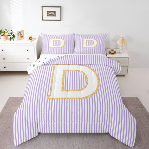 Feelyou Cartoon Initial Letter Bedding Comforter Set, Kawaii Monogrammed D Twin Comforter Sets, Dreamy Purple Stripes Reversible Bedding Set, Microfiber Bedroom Decor, 2 Pieces