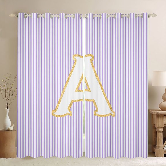 Feelyou Cartoon Initial Letter Curtains Pack of 2 (42x84 Each), Kawaii Monogrammed A Curtains Blackout, Dreamy Purple Stripes Bedroom Curtains, Black Out Curtains Decor