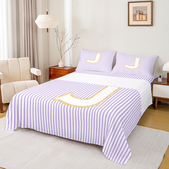Feelyou Cartoon Initial Letter Full Size Sheets, Kawaii Monogrammed J Bed Sheets, Dreamy Purple Stripes Sheet Sets, Microfiber Bedroom Decor, 4 Pieces