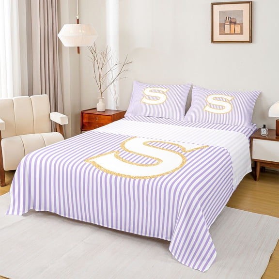 Feelyou Cartoon Initial Letter Queen Sheet Sets, Kawaii Monogrammed S Flat Sheet, Dreamy Purple Stripes Queen Fitted Sheet, Super Cozy Room Decor, 4 Pieces
