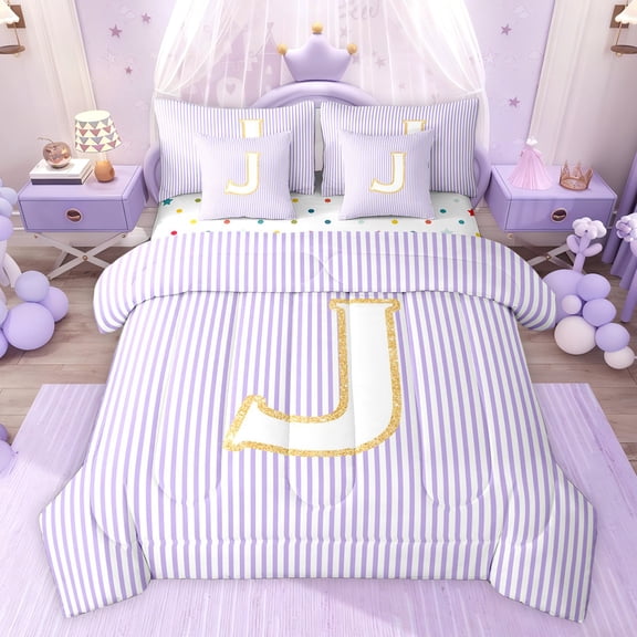 Feelyou Cartoon Initial Letter Twin Bedding Sets 7-Piece, Kawaii Monogrammed J Bedding Comforter Set, Dreamy Purple Stripes Reversible Sheet Sets, Microfiber Bedroom Decor