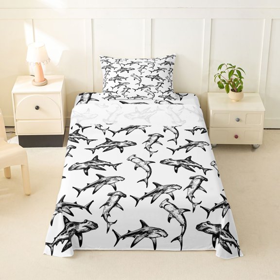Feelyou Cartoon Ink Shark Twin Sheet Sets for Men Boys, Marine Animal Bedding, White Black, 3 Pieces