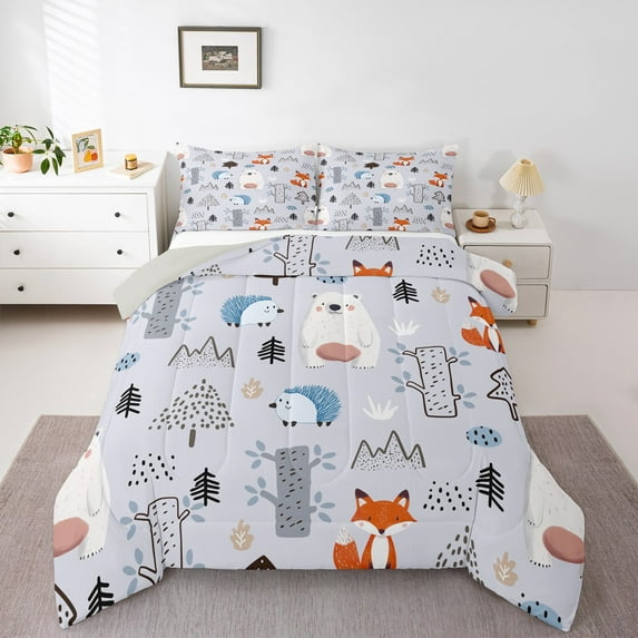 Feelyou Cartoon Jungle Animal Queen Comforter Set, Hedgehog Fox Bear Bedding Sets, Plant Botanical Reversible Bedding Comforter Set, Microfiber Bedroom Decor, 3-Piece