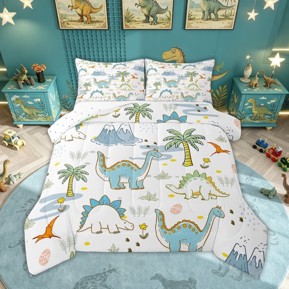 Feelyou Cartoon Jungle Dinosaur Full Size Comforter Sets for Boys Girls, Cute Volcano Prehistoric Bedding Sets, Green White, Reversible, 3pcs