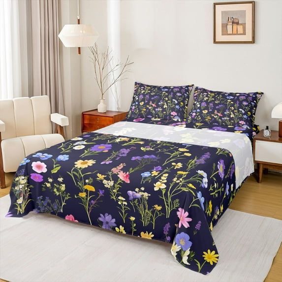 Feelyou Cartoon Jungle Floral Queen Sheet Sets for Teen, Plant Botanical Flat Sheet, Kawaii Daisy Flower Queen Fitted Sheet, Lightweight Room Decor, 4 Pieces