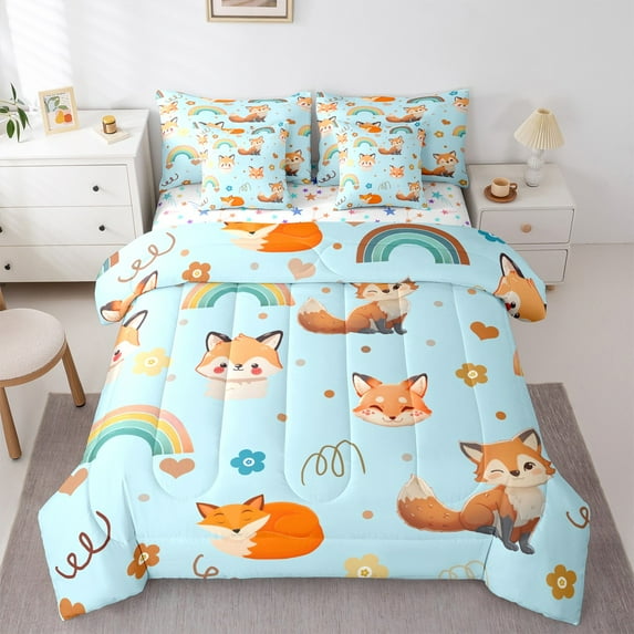 Feelyou Cartoon Jungle Fox Bedding Comforter Set 7pcs for Boy, Dreamy Rainbow Queen Bedding Sets, Flower Love Heart Reversible Queen Sheet Sets, Blue Ultra Soft Bedroom Decor