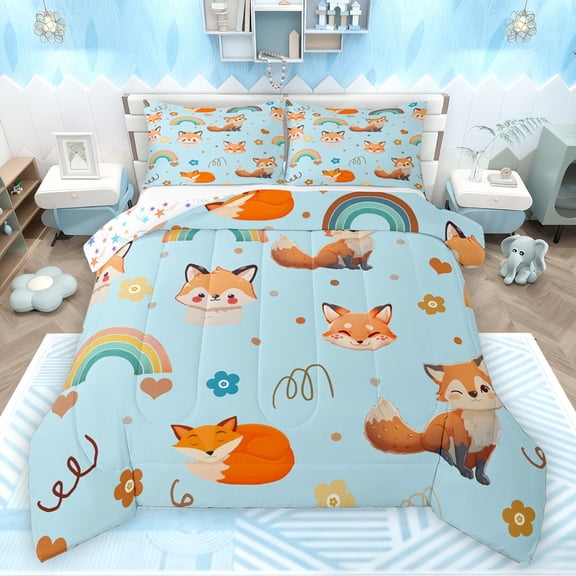 Feelyou Cartoon Jungle Fox Bedding Comforter Set for Boy, Dreamy Rainbow Twin Comforter Sets, Flower Love Heart Reversible Bedding Set, Blue Ultra Soft Bedroom Decor, 2 Pieces