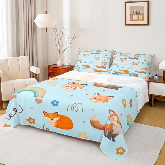 Feelyou Cartoon Jungle Fox Queen Sheet Sets for Boy, Dreamy Rainbow Flat Sheet, Flower Love Heart Queen Fitted Sheet, Blue Ultra Soft Bedroom Decor, 4 Pieces