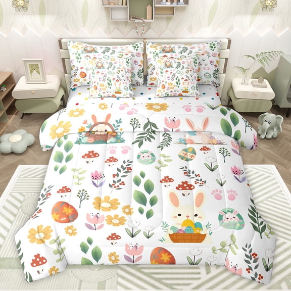 Feelyou Cartoon Jungle Rabbit Bedding Comforter Set 7pcs, Flower Leaf Botanical King Bedding Sets, Western Easter Festival Reversible Bed Sheets, Ultra Soft Bedroom Decor