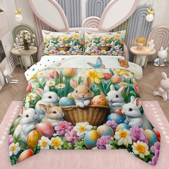 Feelyou Cartoon Jungle Rabbit Full Size Comforter Sets for Kids, Spring Eastern Eggs Bedding Comforter Set, Garden Butterfly Floral Reversible Bedding Sets, Super Cozy Room Decor, 3 Pieces