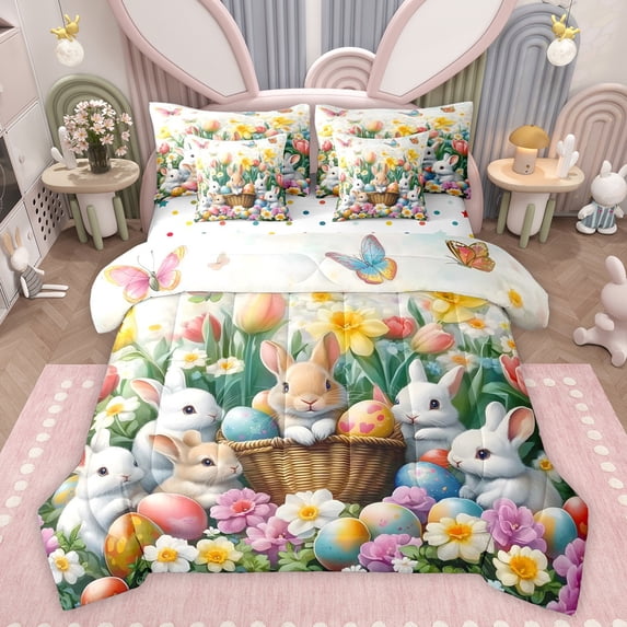 Feelyou Cartoon Jungle Rabbit Twin Bedding Sets 7-Piece for Kids, Spring Eastern Eggs Bedding Comforter Set, Garden Butterfly Floral Reversible Sheet Sets, Super Cozy Room Decor