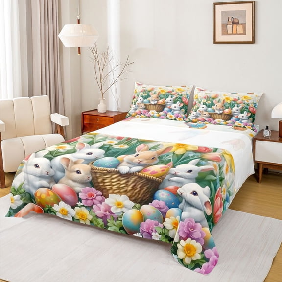 Feelyou Cartoon Jungle Rabbit Twin Sheet Sets for Kids, Spring Eastern Eggs Twin Fitted Sheet, Garden Butterfly Floral Flat Sheet, Super Cozy Room Decor, 3 Pieces