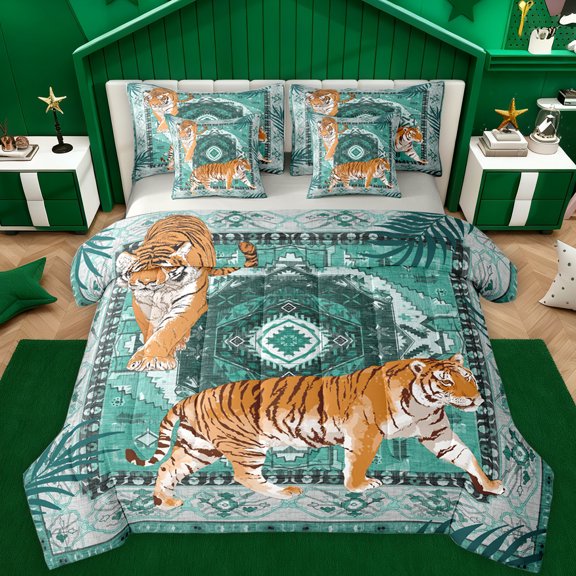 Feelyou Cartoon Jungle Tiger Bedding Comforter Set 7pcs, Green Tribal Aztec King Bedding Sets, Vintage Bohemian Style Reversible Bed Sheets, Microfiber Bedroom Decor