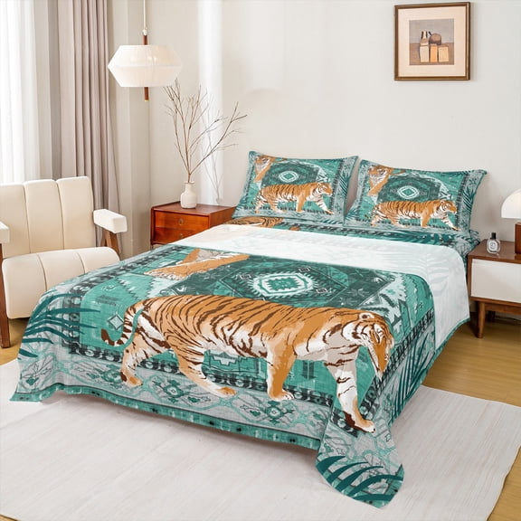 Feelyou Cartoon Jungle Tiger Full Size Sheets, Green Tribal Aztec Bed Sheets, Vintage Bohemian Style Sheet Sets, Microfiber Bedroom Decor, 4pcs