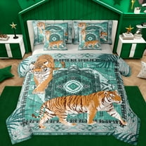 Feelyou Cartoon Jungle Tiger Twin Bedding Sets 7-Piece, Green Tribal Aztec Bedding Comforter Set, Vintage Bohemian Style Reversible Sheet Sets, Microfiber Bedroom Decor