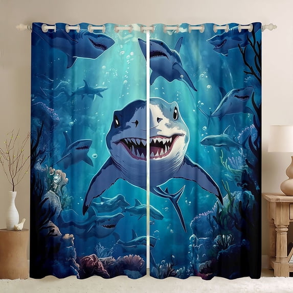 Feelyou Cartoon Kawaii Shark Black Out Curtains for Kids Boys Girls, Mystic Undersea Reef Animal Curtains Pack of 2 (42x63 Each), Blue