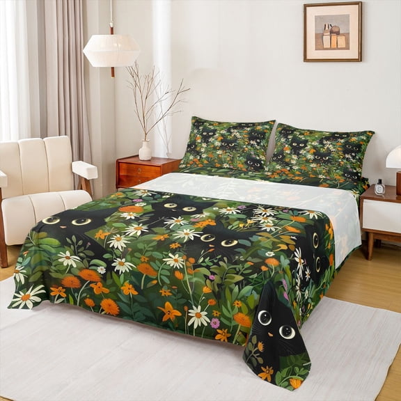 Feelyou Cartoon Kitty Cat Queen Sheet Sets for Child, Spring Groovy Flower Flat Sheet, Green Leaf Botanical Queen Fitted Sheet, Lightweight Room Decor, 4pcs